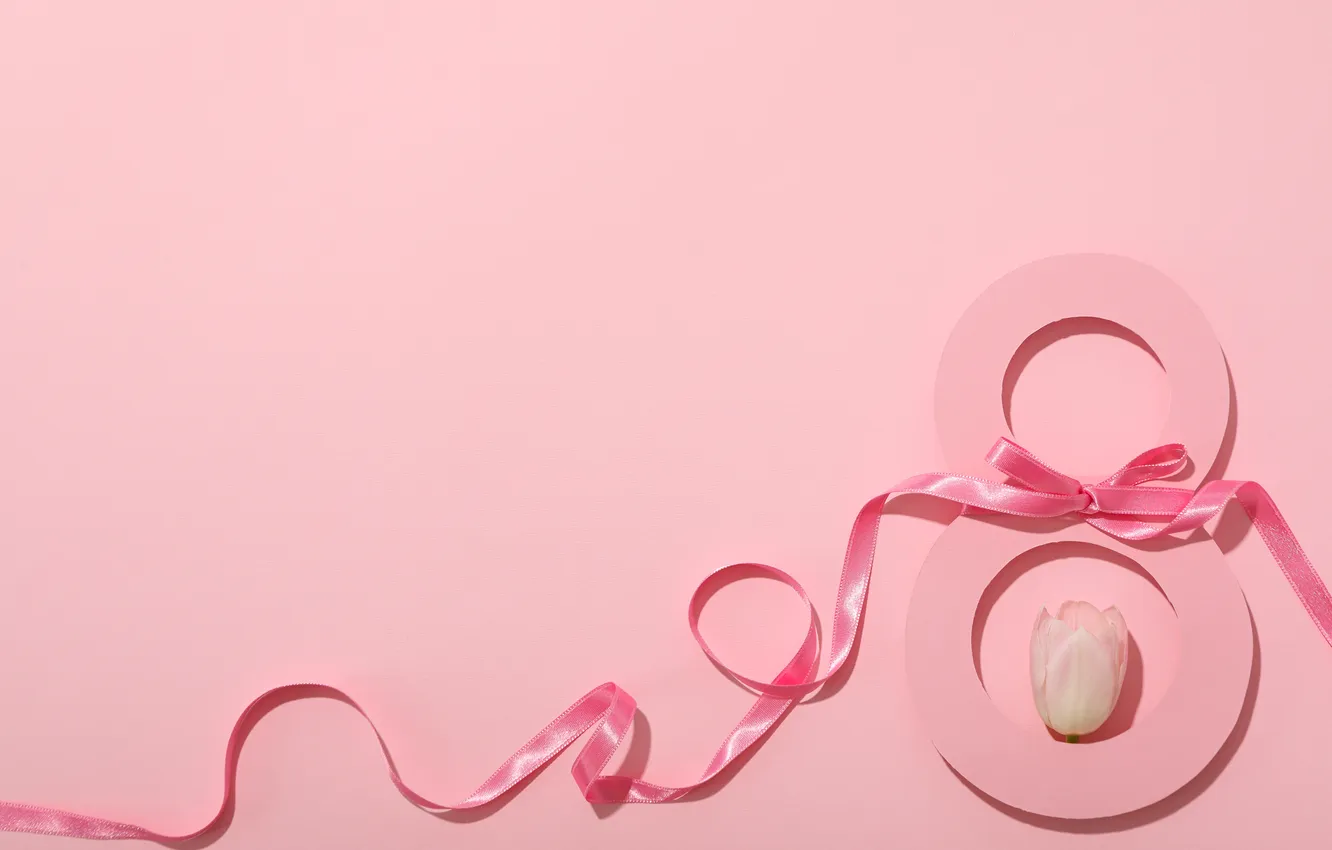 Фото обои цифра, лента, happy, розовый фон, 8 марта, pink, background, number