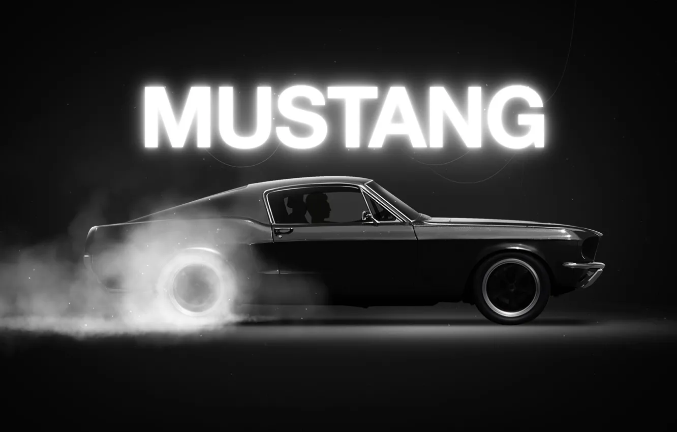 Фото обои Mustang, Ford, Авто, Черный, Рисунок, Дым, Неон, Машина