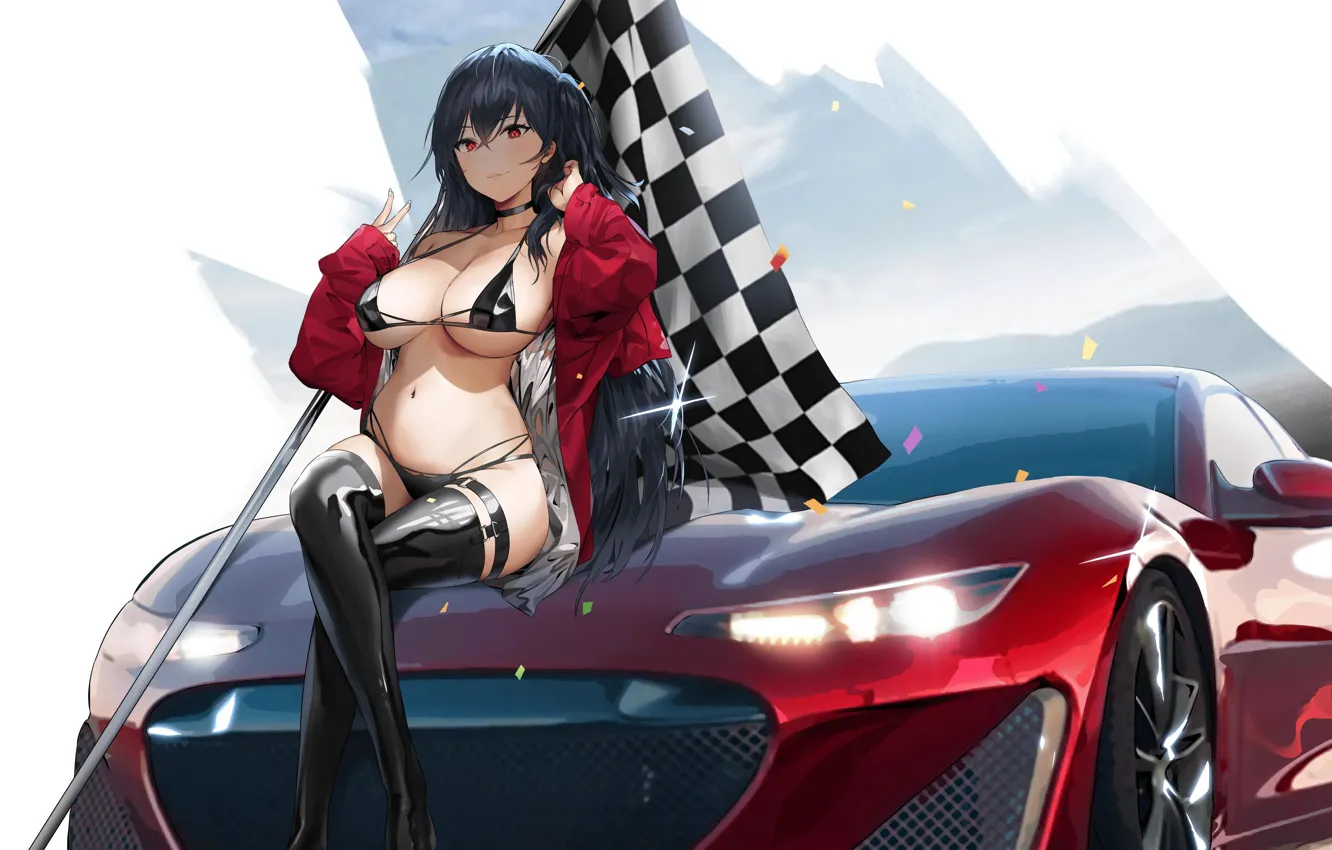 Фото обои girl, sexy, cleavage, thighhighs, long hair, boobs, anime, beautiful