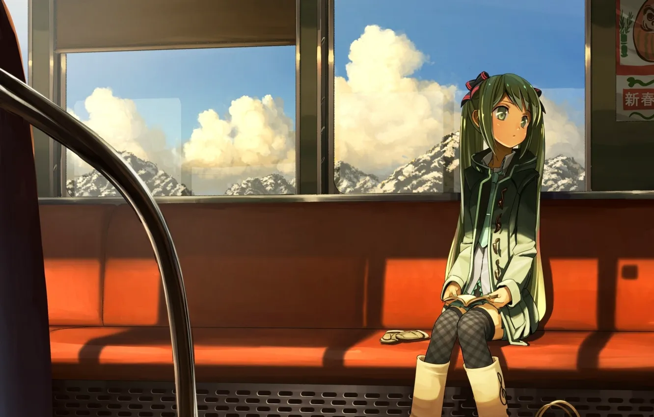 Фото обои девушка, облака, горы, поезд, арт, вагон, сиденья, vocaloid
