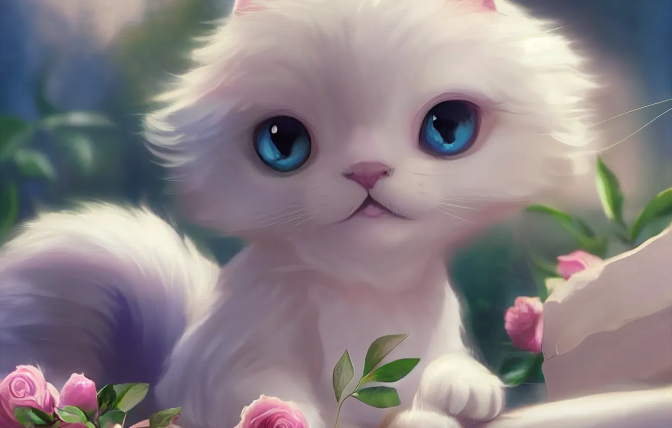 Фото обои кошка, белый, цветы, котенок, розы, арт, мордочка, голубые глаза