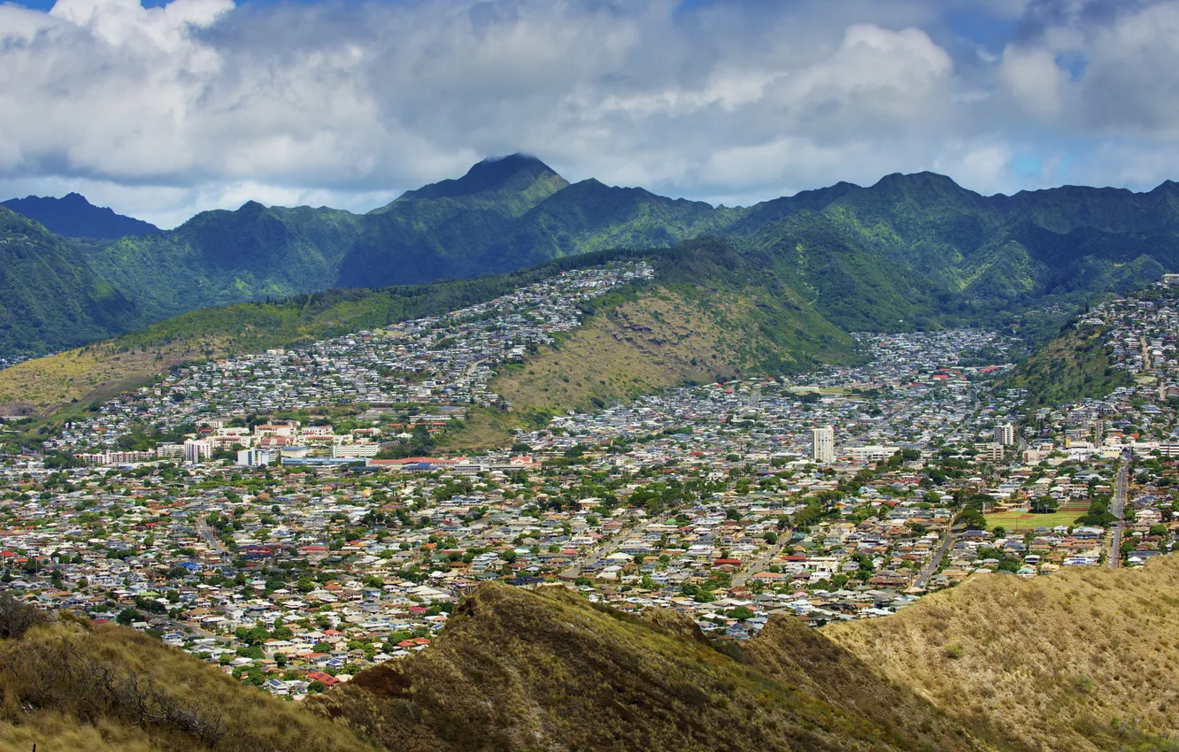 Фото обои горы, дома, долина, Гавайи, США, урбанизация