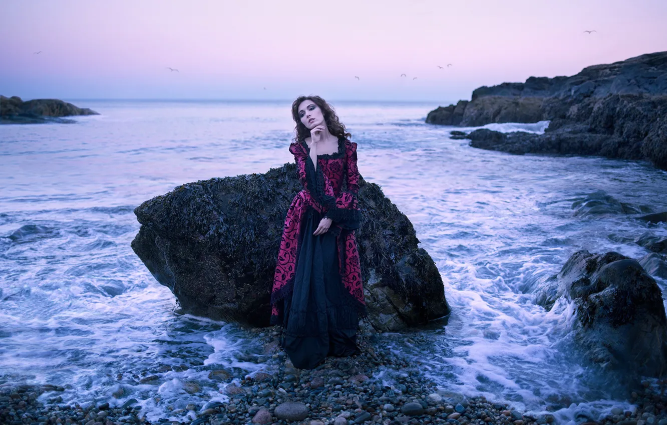 Фото обои море, девушка, камни, настроение, скалы, платье