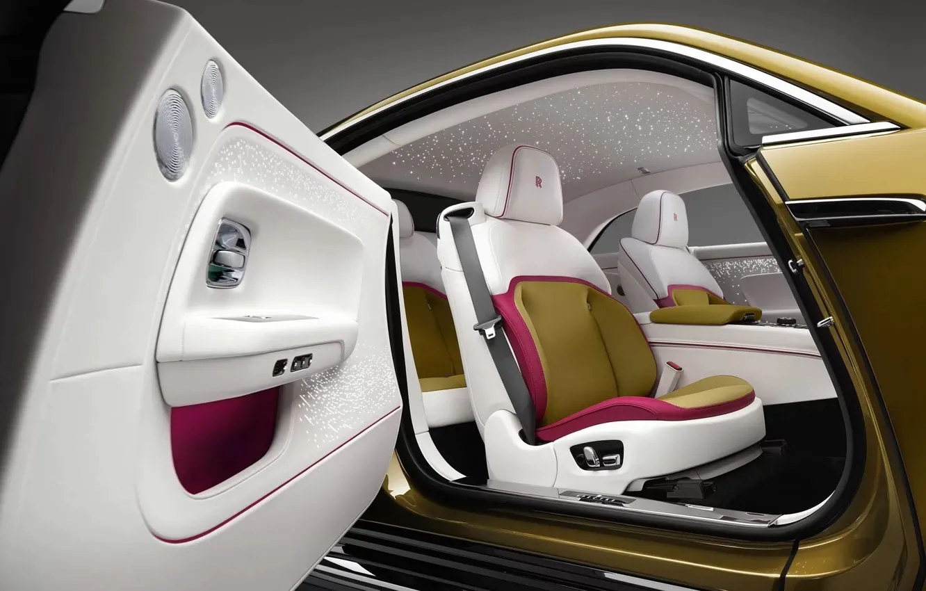 Фото обои Rolls-Royce, люкс, открытая дверь, электромобиль, 2023, Rolls-Royce Motor Cars, Rolls-Royce Spectre, часть салона
