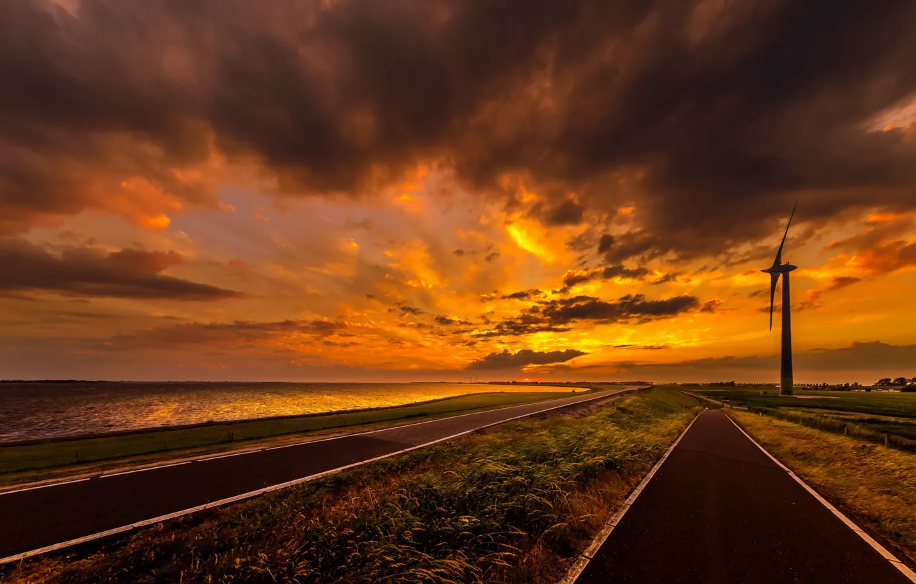 Фото обои море, закат, ветряки