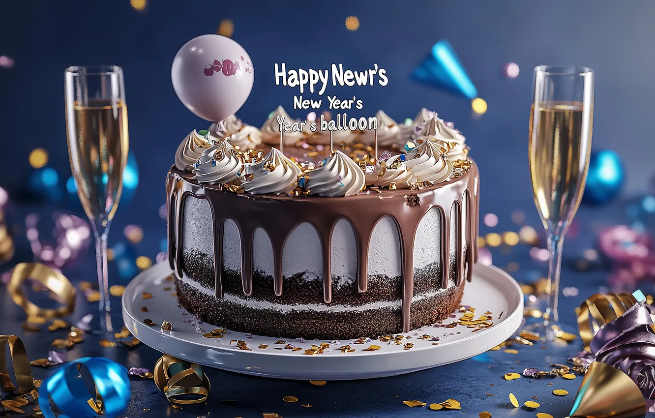 Фото обои праздник, шарик, торт, Happy New Year, с новым годом, глазурь, digital art, цифровое искусство