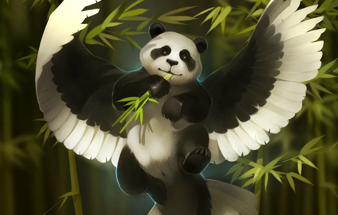 Фото обои фентези, крылья, бамбук, арт, панда, art, Александра Хитрова, GaudiBuendia