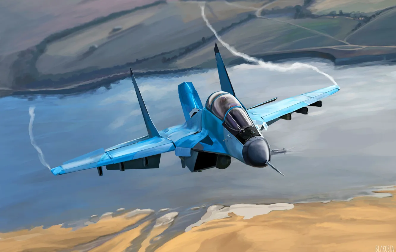 Фото обои Рисунок, Самолет, Полет, Истребитель, Крылья, Россия, ВВС, MiG-35