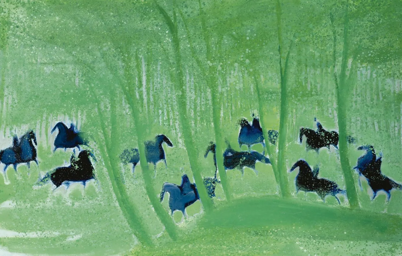Фото обои пейзаж, картина, лошади, всадники, Andre Brasilier, Подлесок Весной