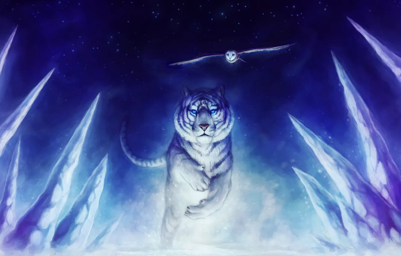 Фото обои белый, тигр, сова, арт, by sanguisgelidus, precursor
