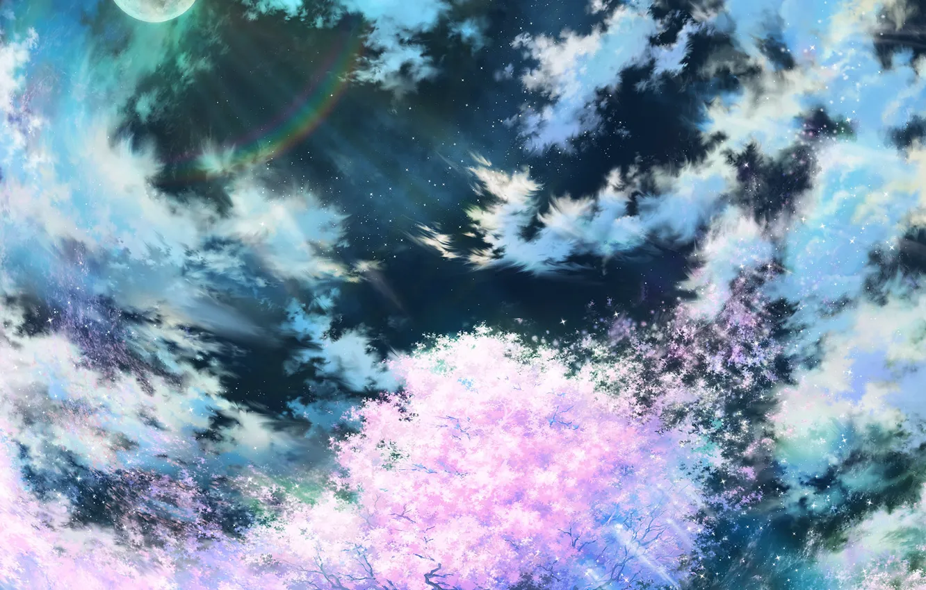 Фото обои небо, облака, ночь, луна, сакура, цветущая, Cherry blossom, night sky