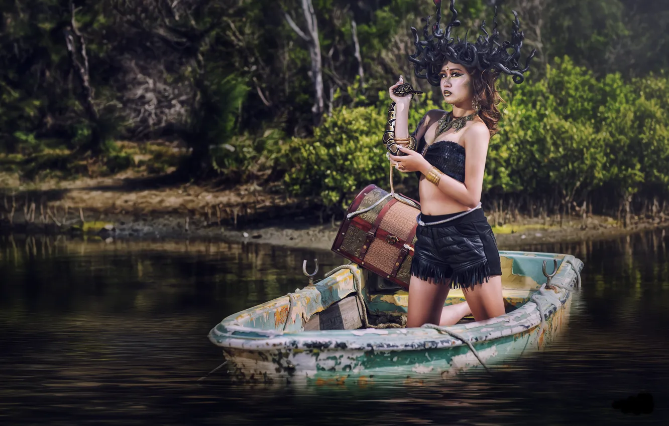 Фото обои вода, девушка, стиль, модель, лодка, змея, ситуация, азиатка
