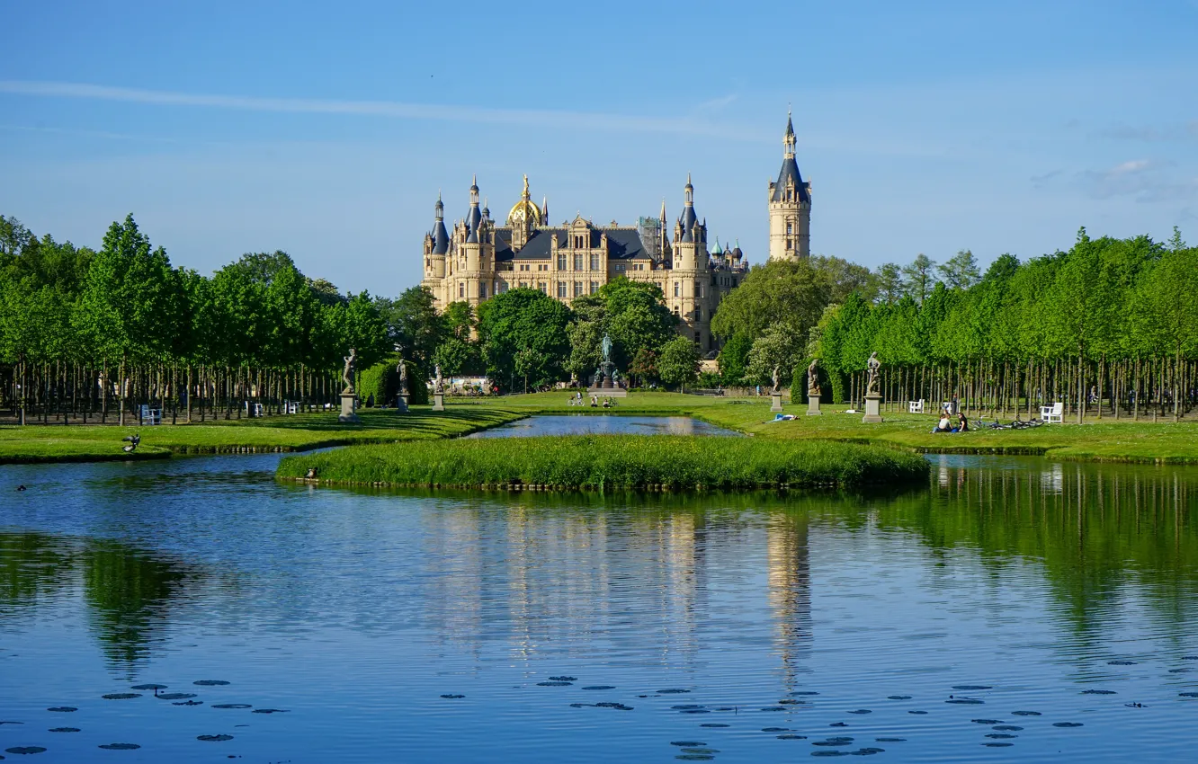 Фото обои пруд, замок, Германия, Schwerin Castle, Mecklenburg-Vorpommern