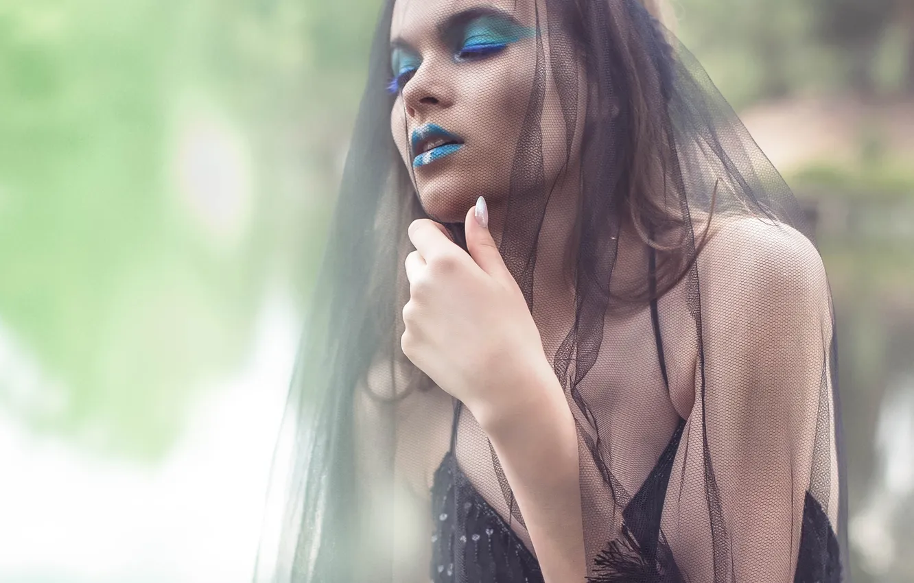 Фото обои лето, девушка, лицо, стиль, волосы, макияж, ткань, вуаль