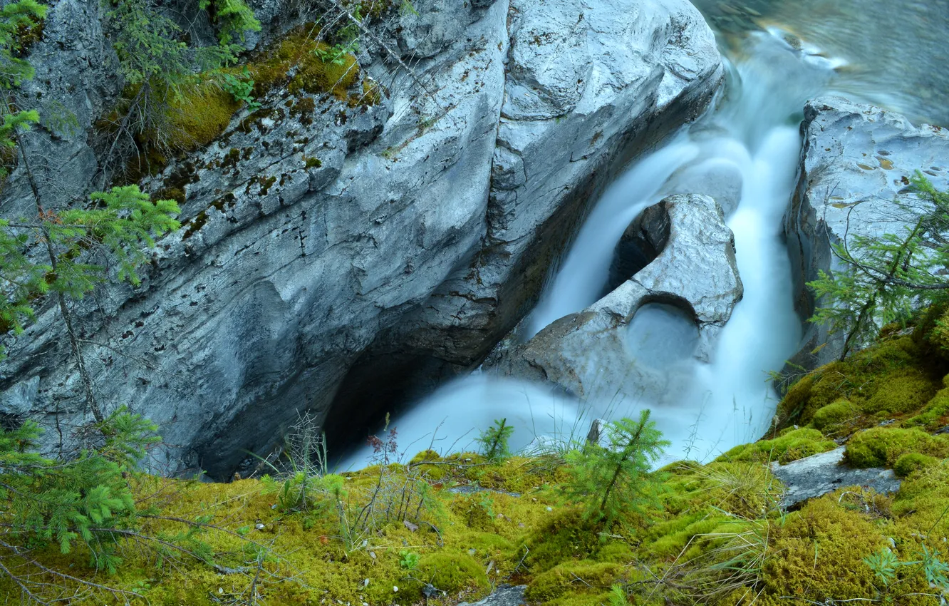 Фото обои вода, горы, скалы, водопад, поток
