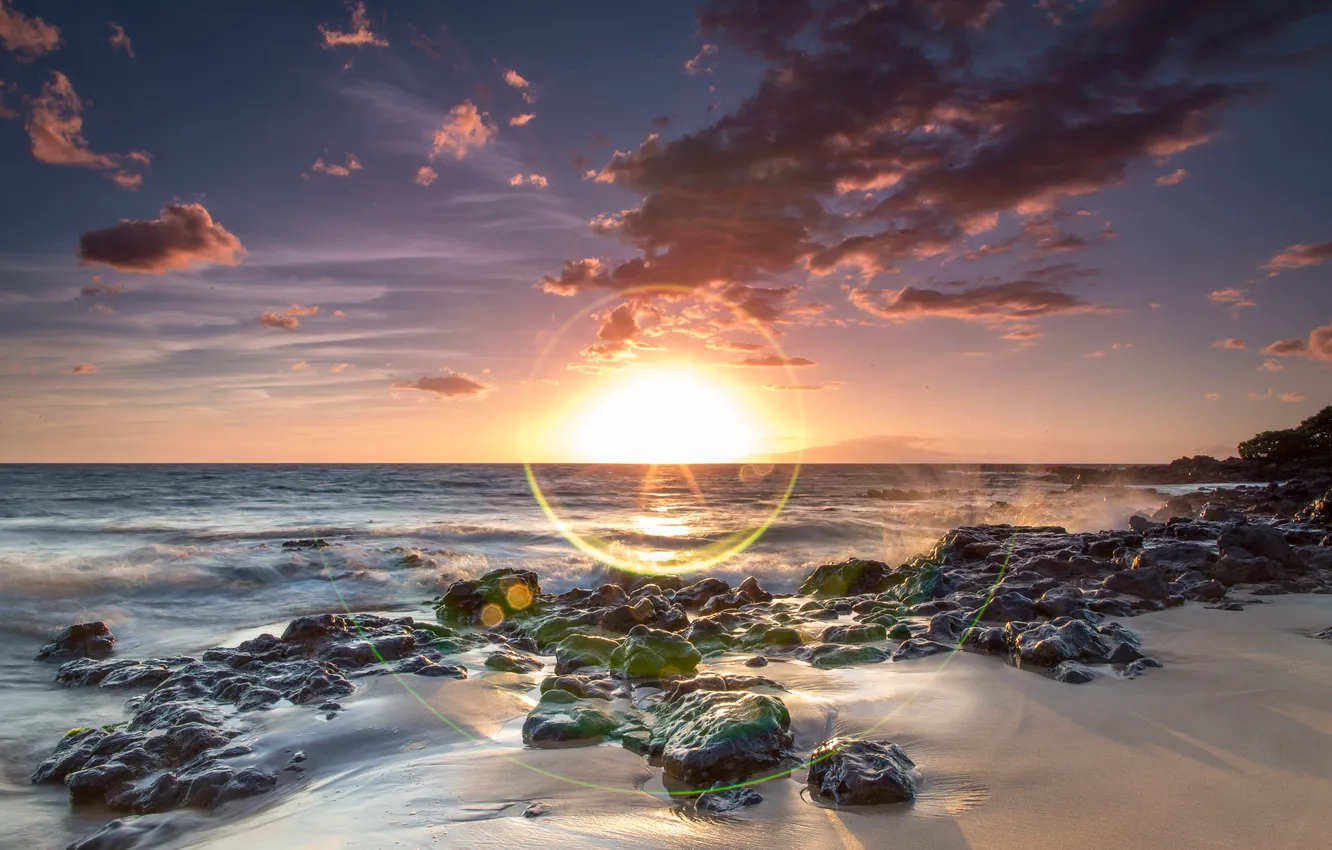Фото обои солнце, пейзаж, природа, камни, рассвет, берег, Гаваи