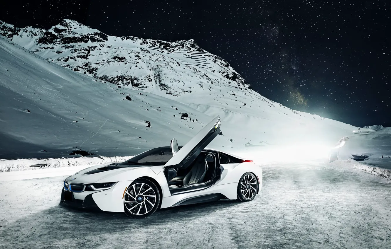 Фото обои BMW, Sky, Front, Mountain, Snow, White, Ligth, Nigth