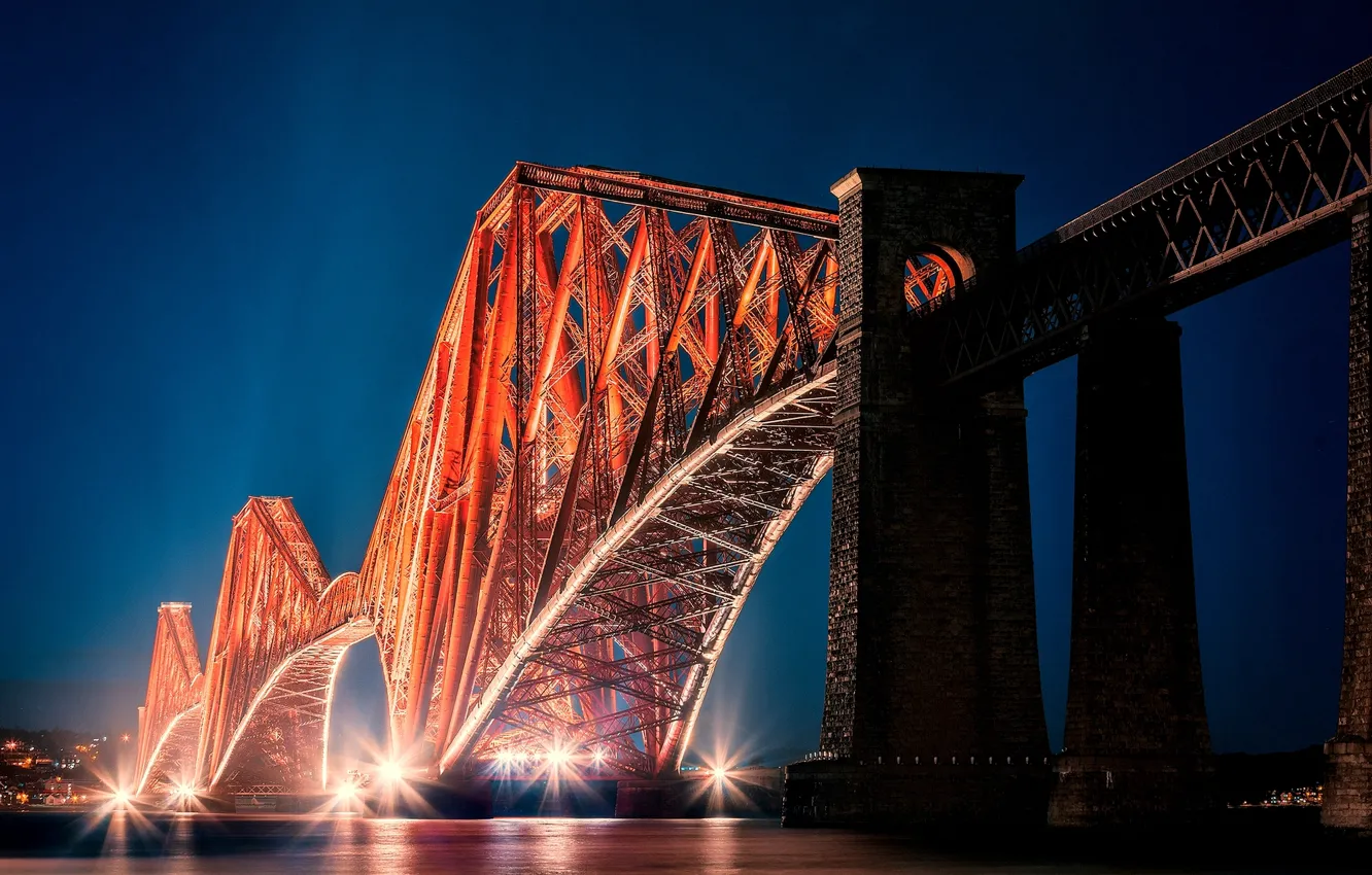 Фото обои мост, город, огни, вечер, Шотландия, подсветка, залив, Scotland
