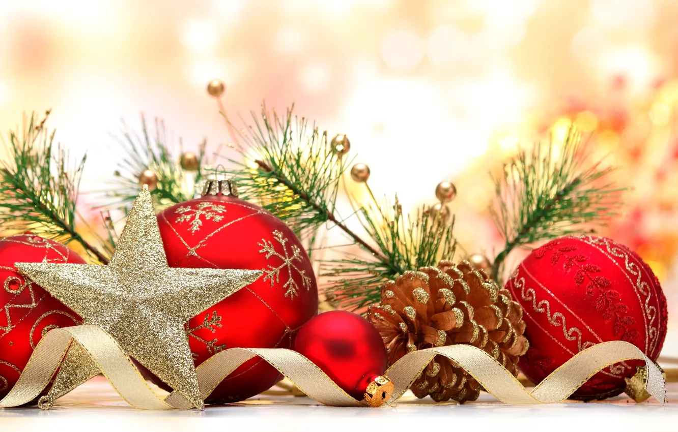 Фото обои украшения, ленты, шары, звезда, Новый Год, Рождество, star, Christmas
