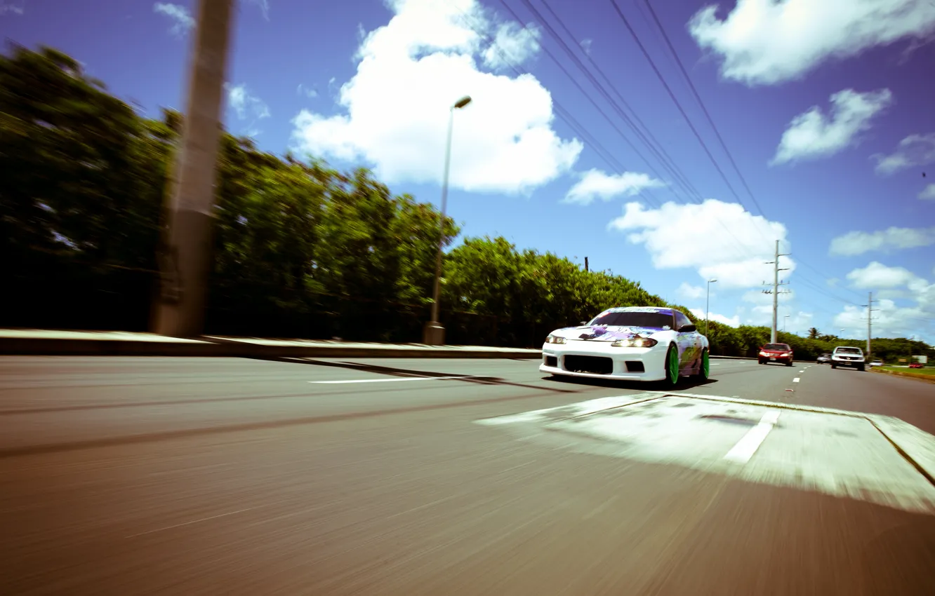 Фото обои дорога, тюнинг, скорость, белая, S15, Silvia, Nissan, white