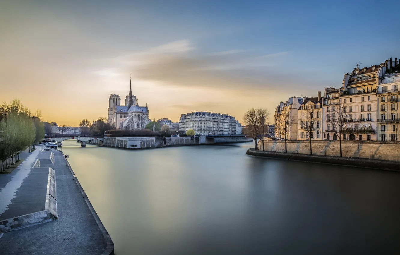 Фото обои закат, река, Париж, Сена, Нотр-Дам де Пари, Собор Парижской богоматери