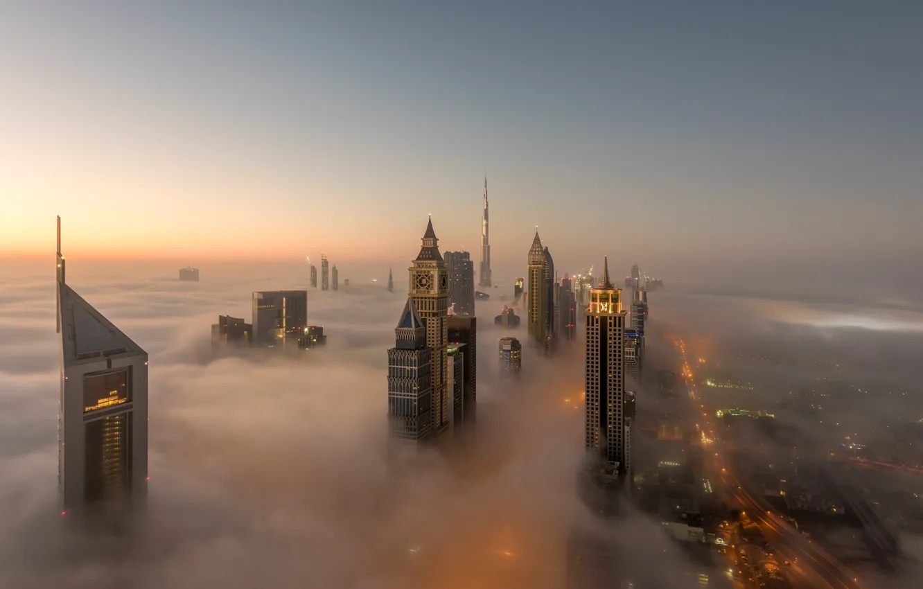 Фото обои небо, огни, туман, Дубай, ОАЭ
