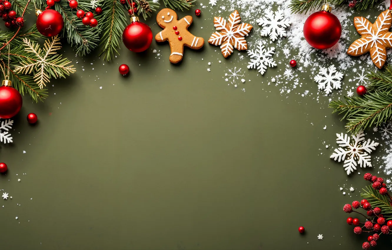 Фото обои украшения, снежинки, фон, шары, Рождество, Новый год, golden, new year