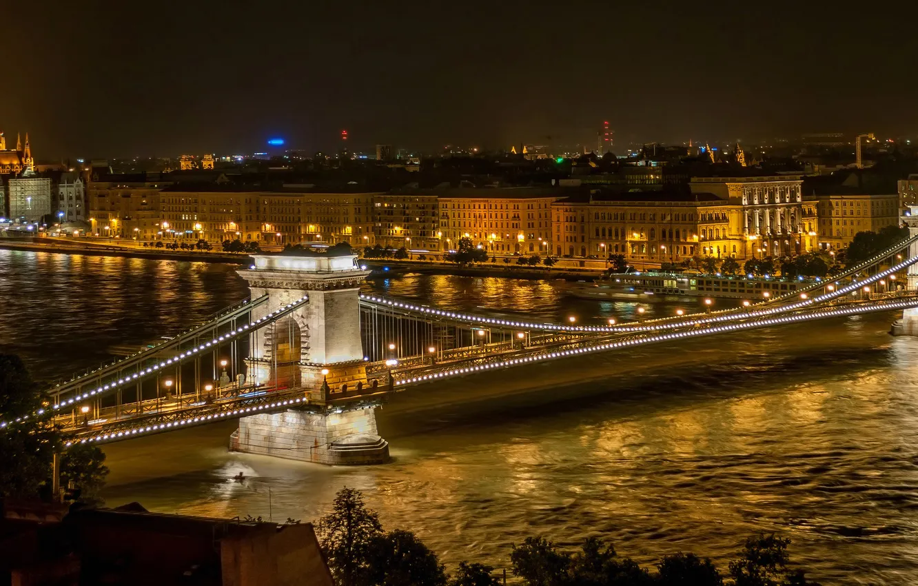 Фото обои ночь, мост, огни, река, Венгрия, Будапешт, Дунай