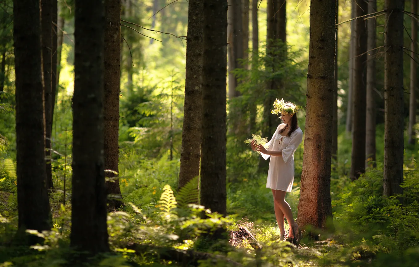 Фото обои лес, девушка, венок