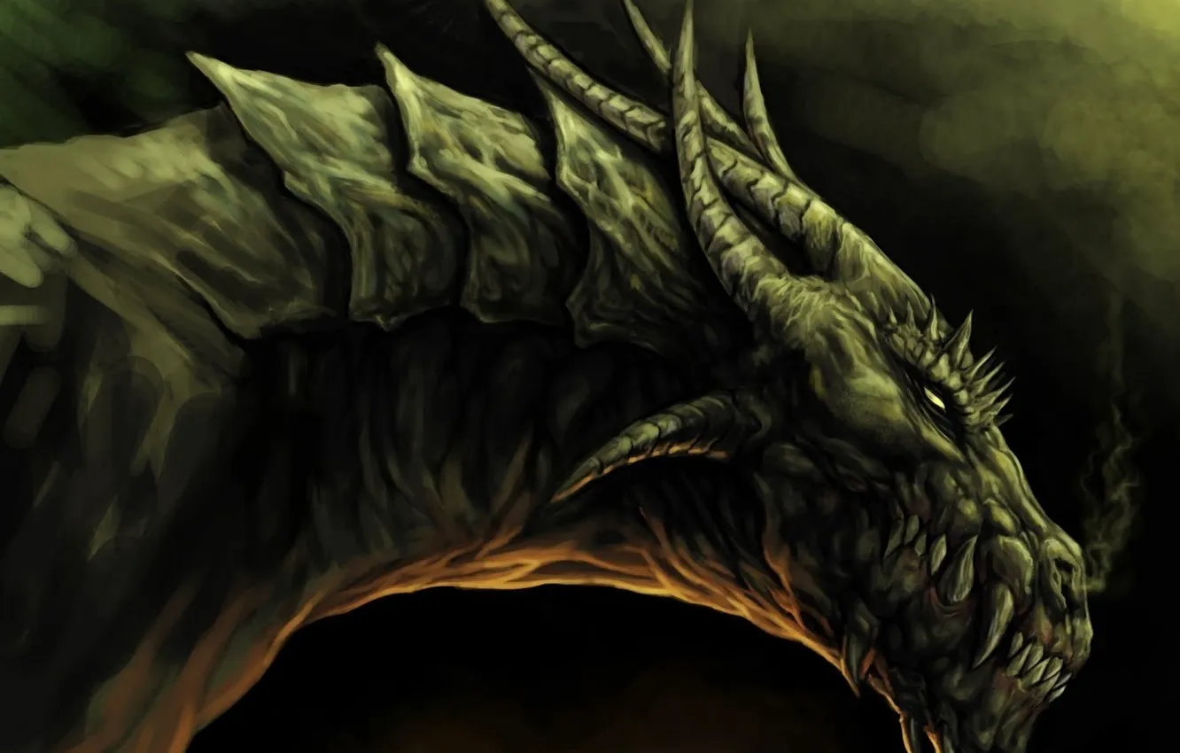 Фото обои дракон, дыхание, клыки, рога