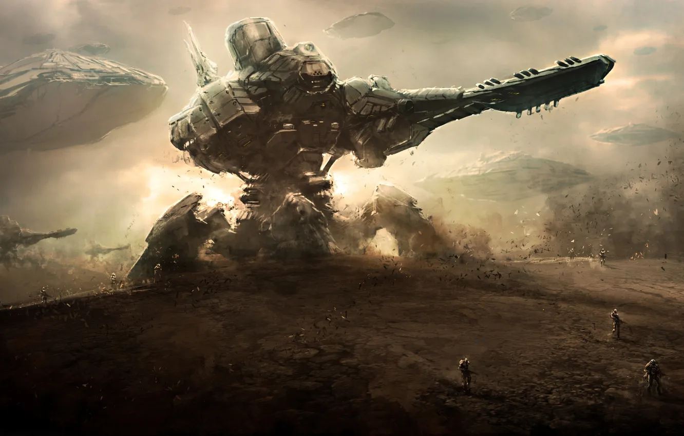 Фото обои пустыня, корабли, пыль, роботы, Планета, солдаты