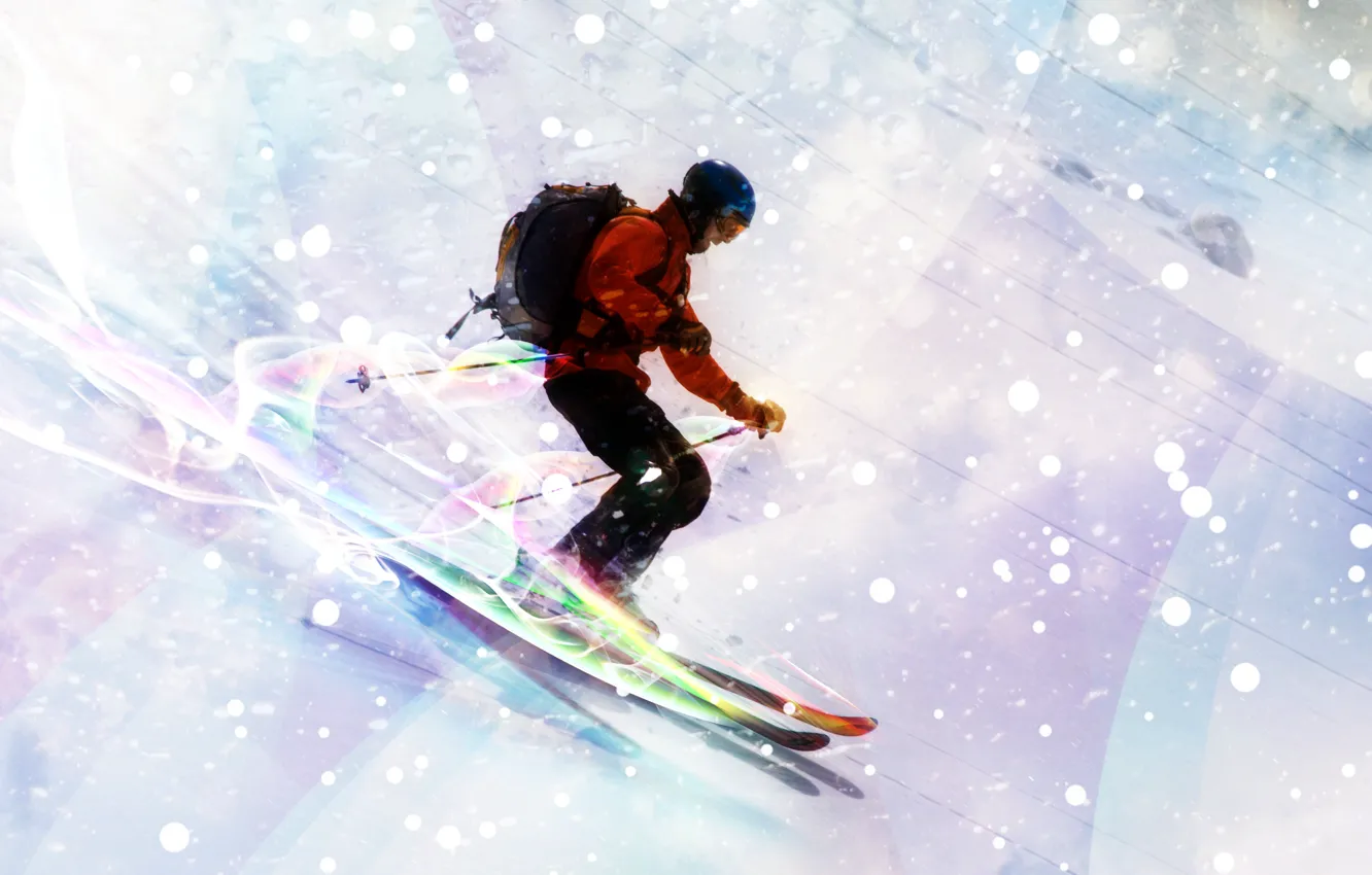 Фото обои снег, горы, огни, спуск, лыжи, неон, лыжник