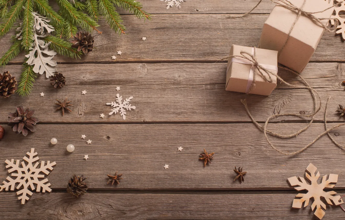 Фото обои снежинки, подарок, новый год, шишки, ветки ели