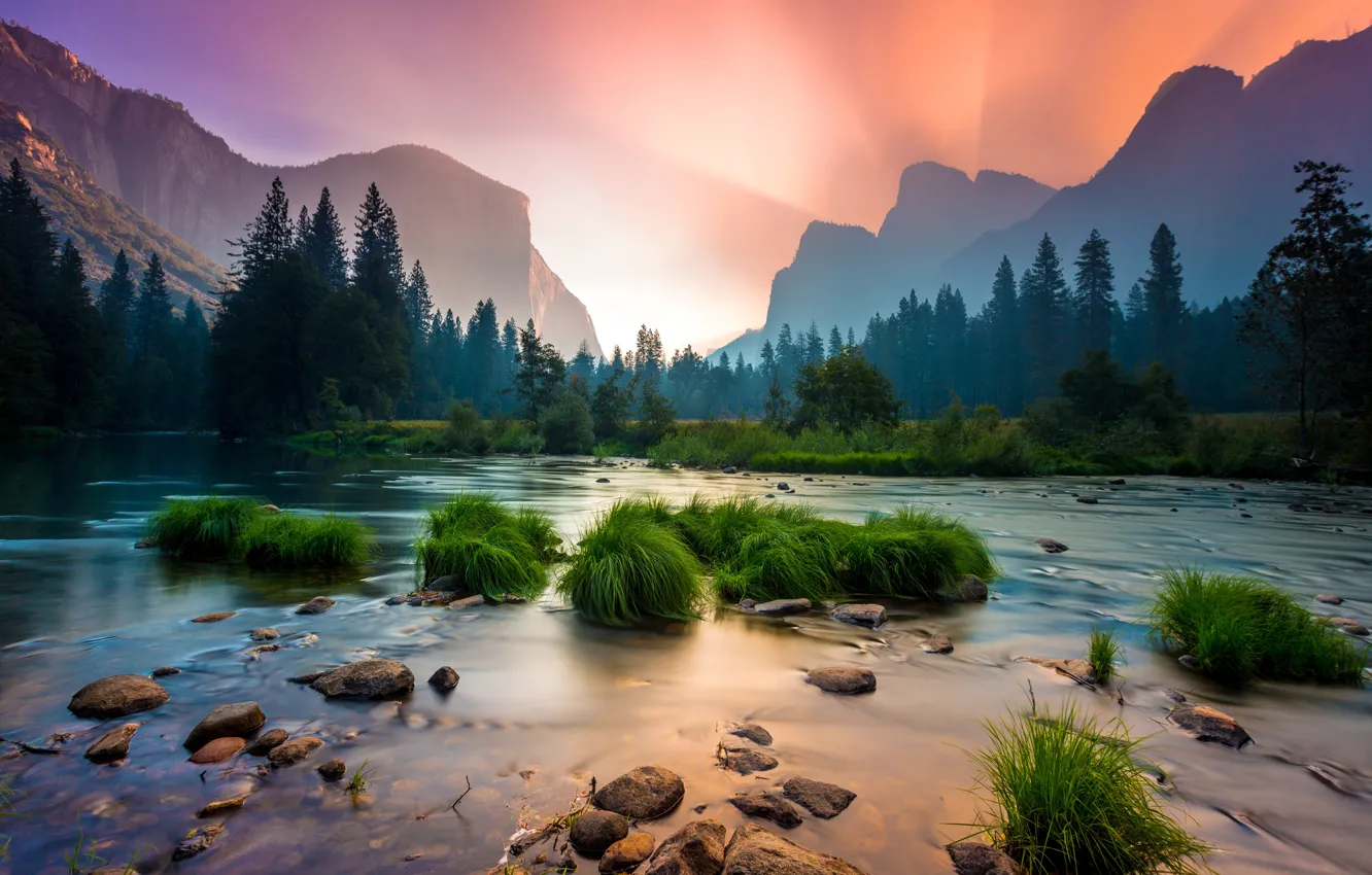 Фото обои трава, вода, деревья, горы, парк, река, камни, рассвет