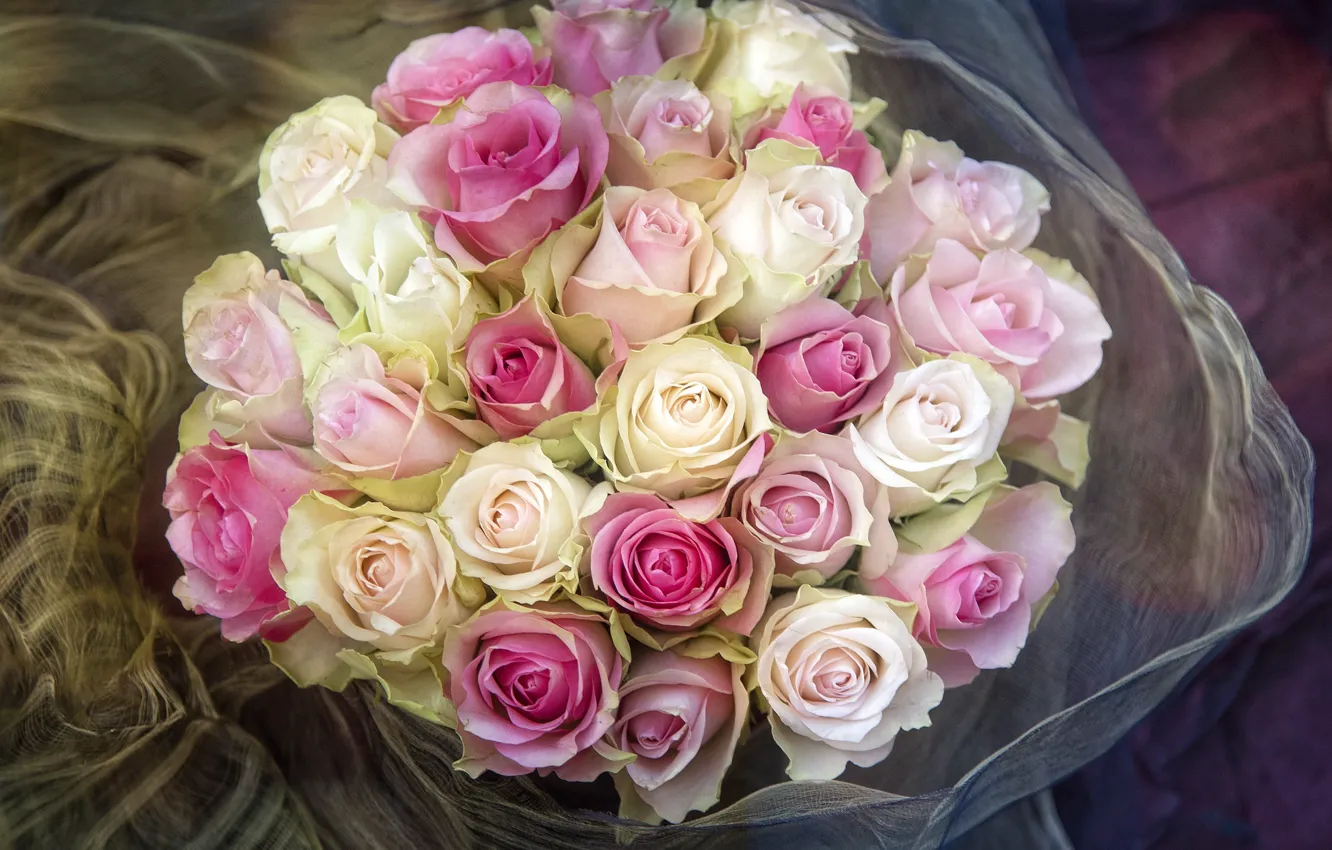 Фото обои цветы, розы, букет, розовые, белые, бутоны, много, пышный