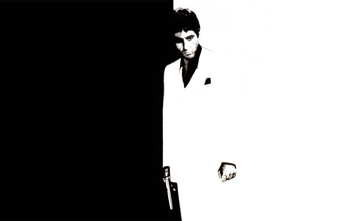 Фото обои пистолет, черно-белый, Al Pacino, Лицо со шрамом, Scarface, Аль Пачино