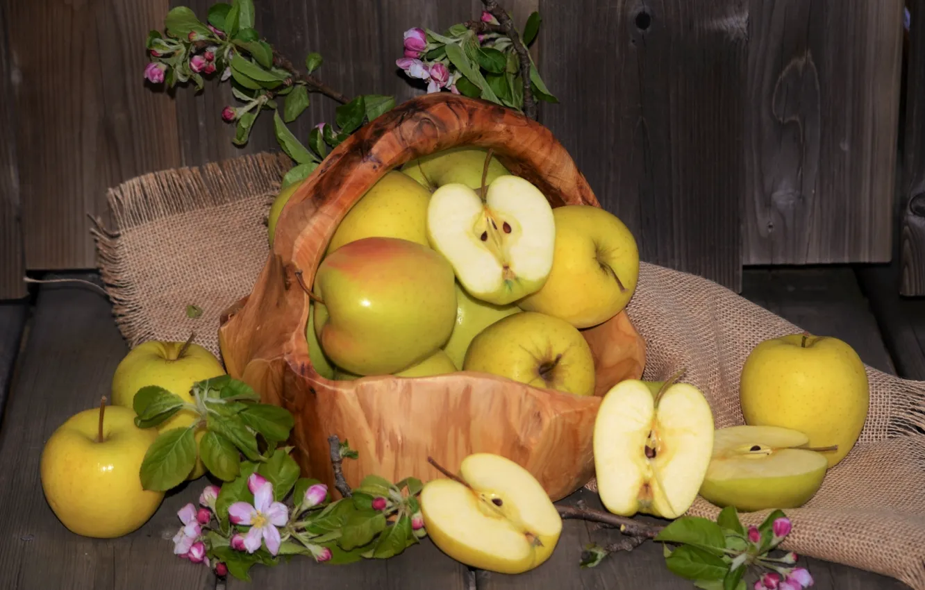 Фото обои цветы, корзина, яблоки, фрукт