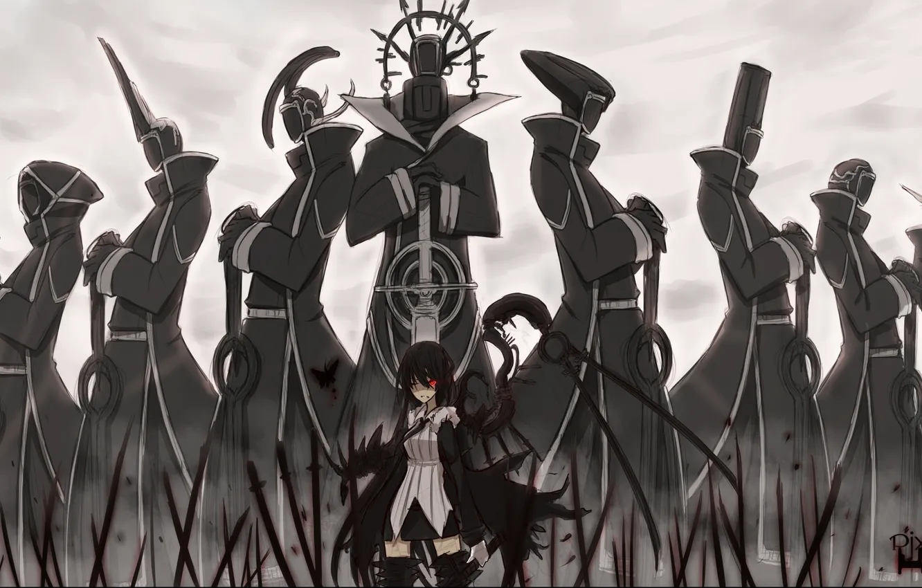 Фото обои девушка, оружие, крылья, армия, аниме, арт, воины, демоны