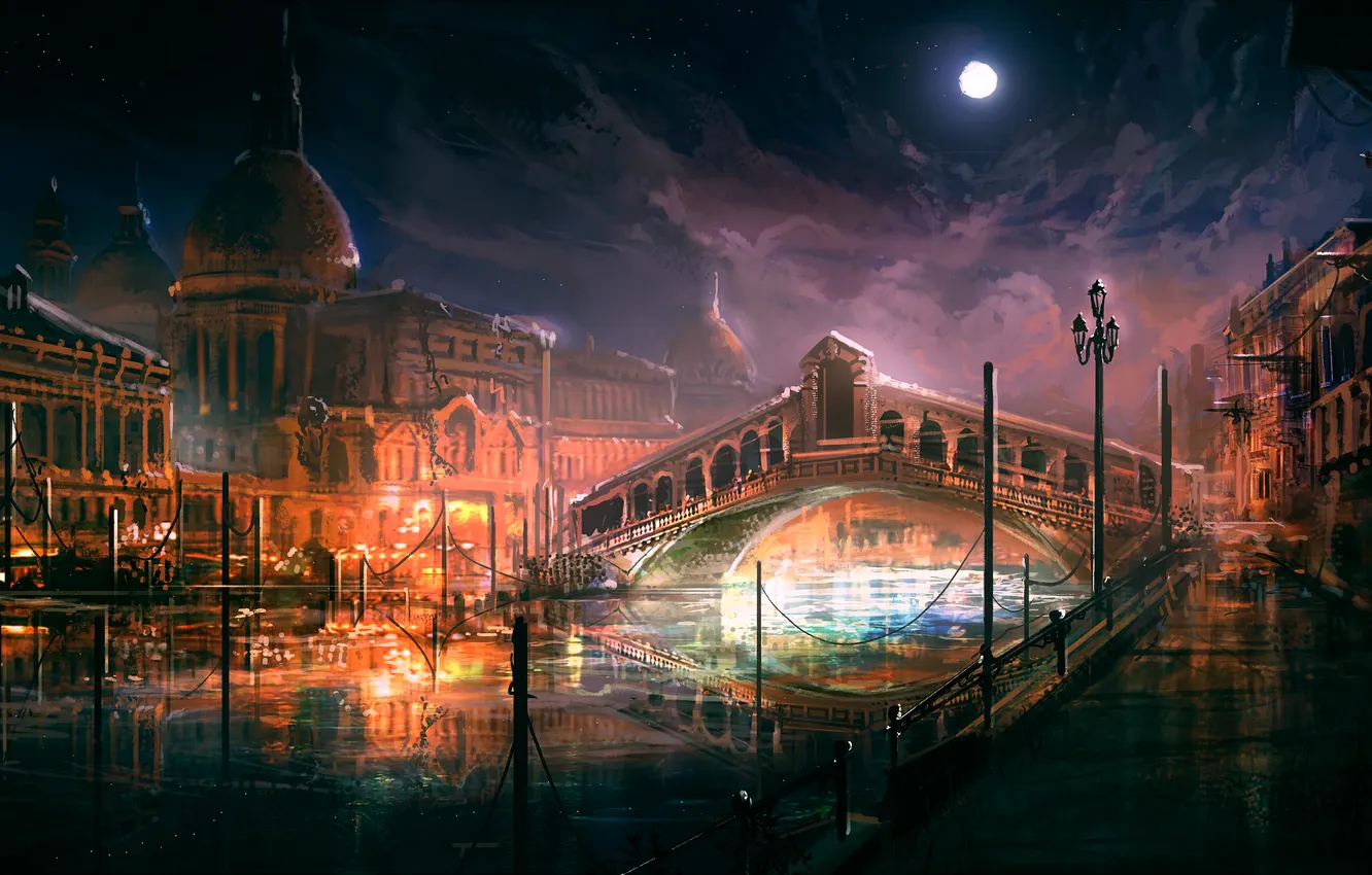 Фото обои ночь, мост, город, река, луна, арт, полнолуние, венеция