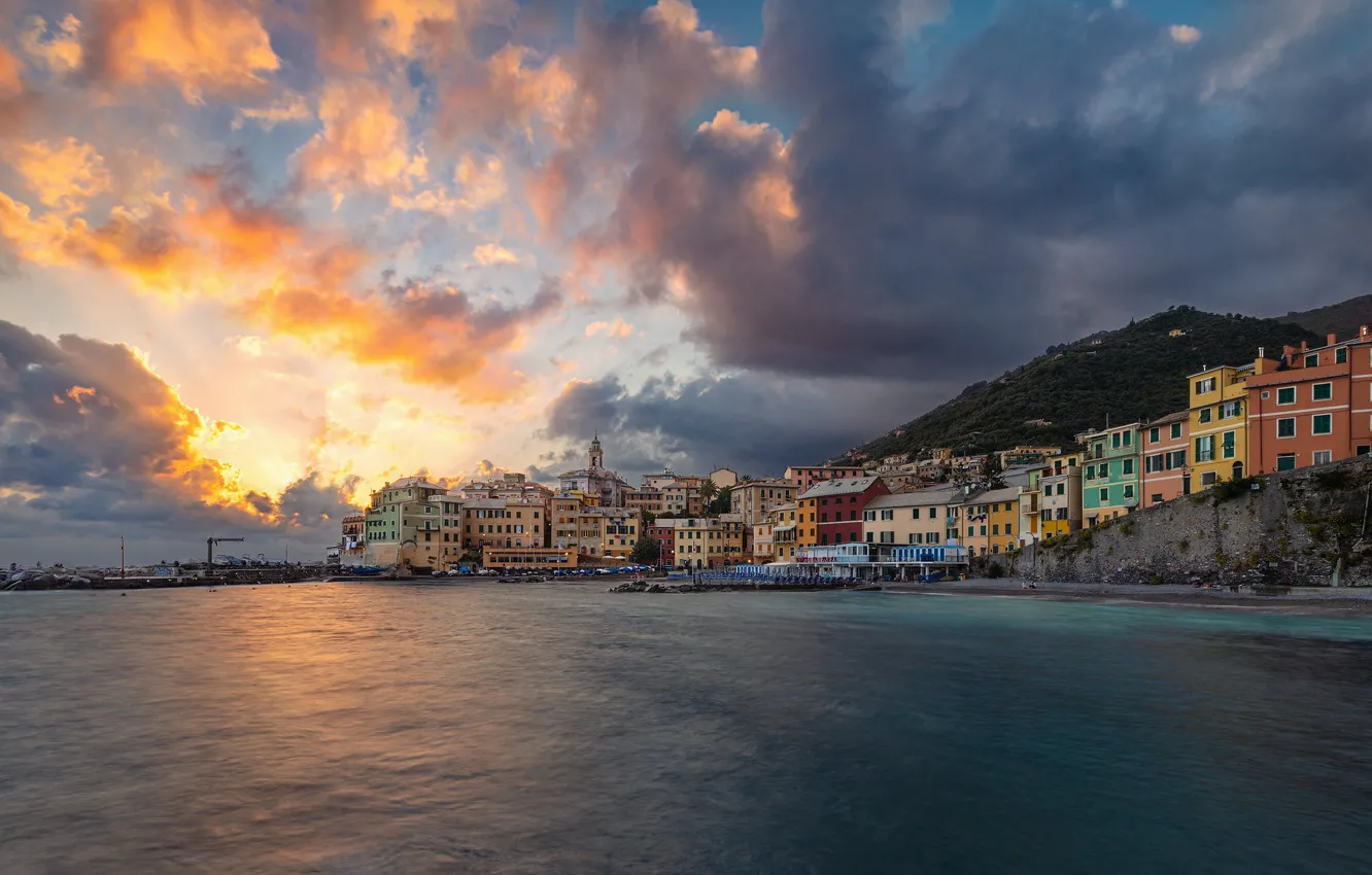 Фото обои море, закат, побережье, здания, дома, Италия, Italy, Лигурийское море