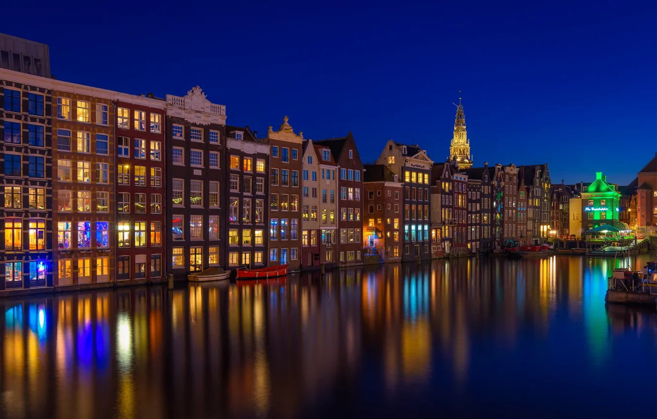 Фото обои здания, дома, Амстердам, канал, Нидерланды, ночной город, Amsterdam, Netherlands