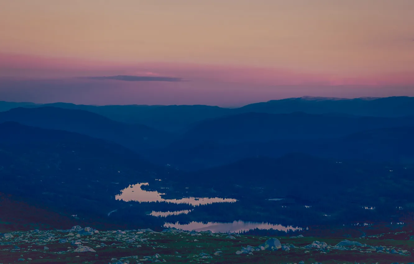 Фото обои river, sky, trees, sunset, mountains, clouds, hills, hill