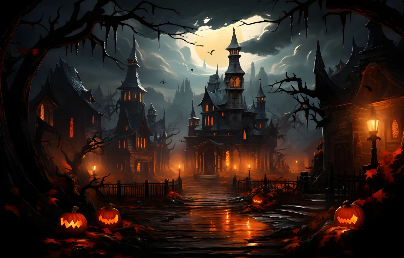 Фото обои Дома, Огни, Ночь, Деревья, Луна, Тучи, Тыквы, Halloween