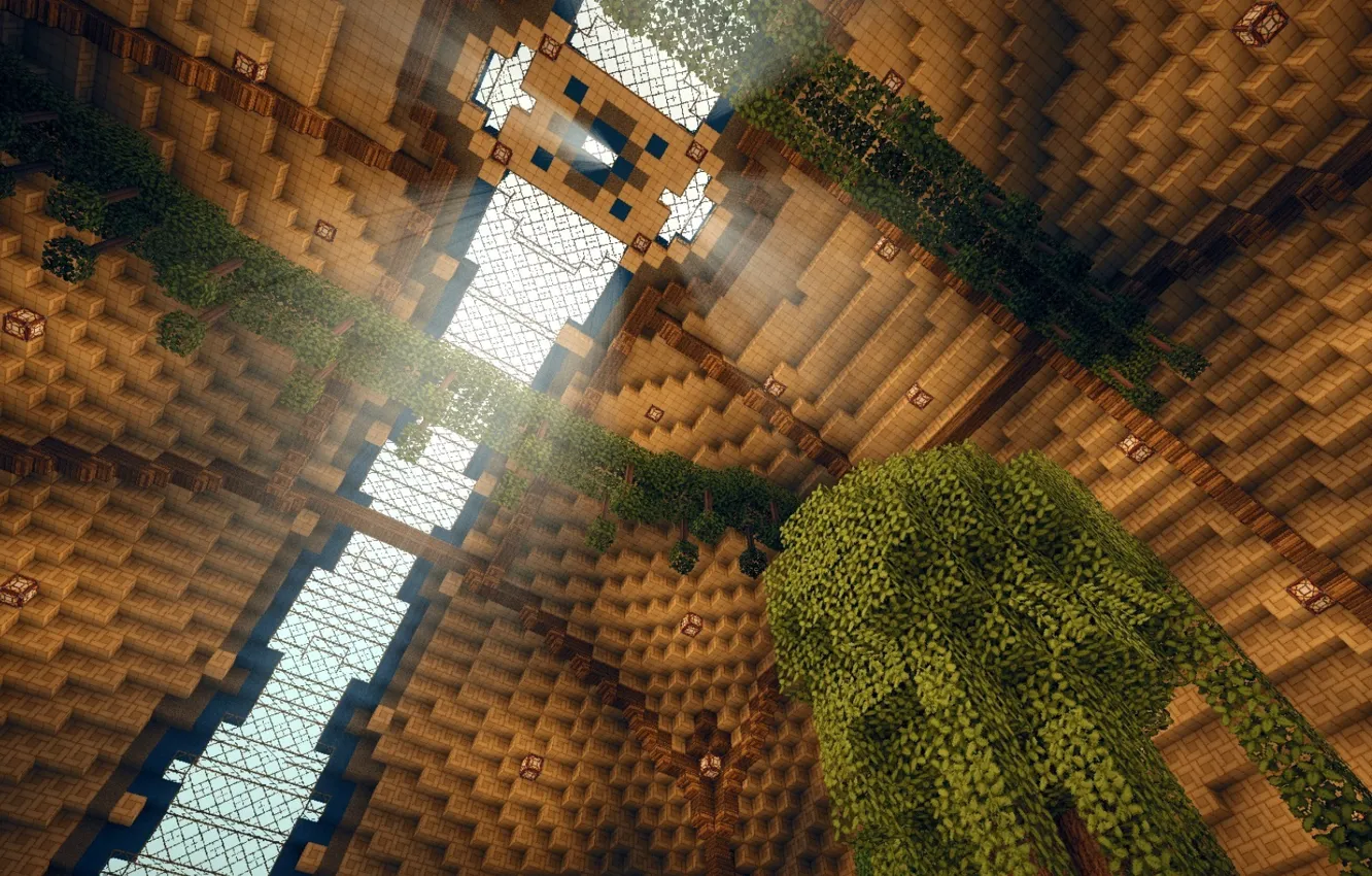 Фото обои стекло, свет, дерево, листва, луч, купол, блок, Minecraft