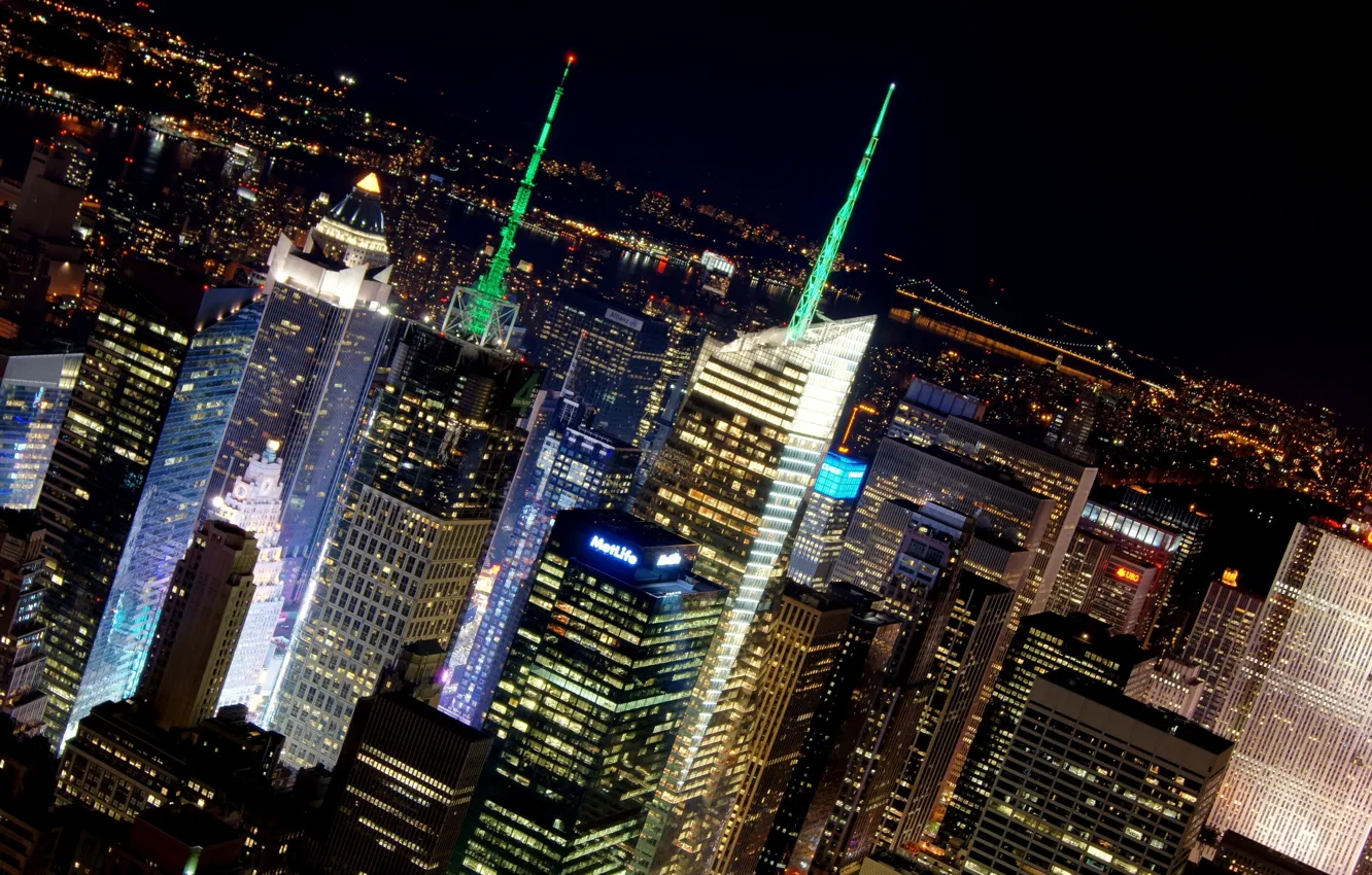 Фото обои свет, ночь, city, город, окна, сша, небоскрёбы, new york