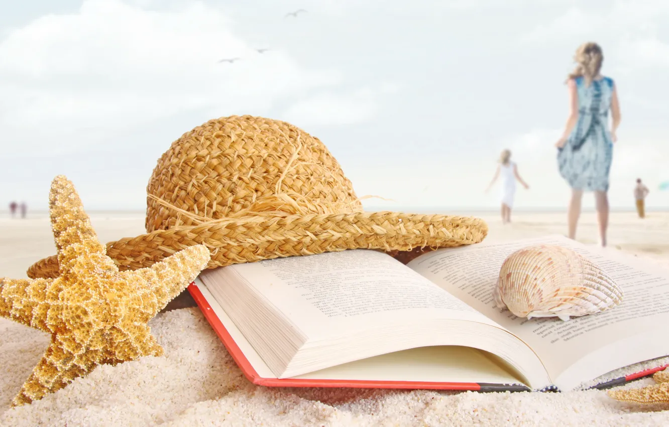 Фото обои море, пляж, стиль, девушки, отдых, берег, шляпа, книга