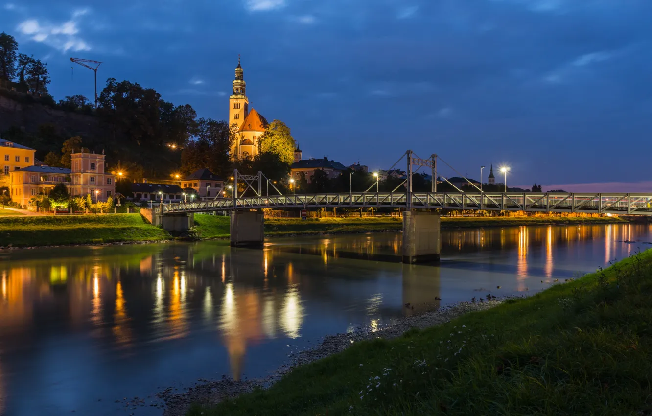Фото обои мост, огни, река, вечер, Зальцбург, АВстрия
