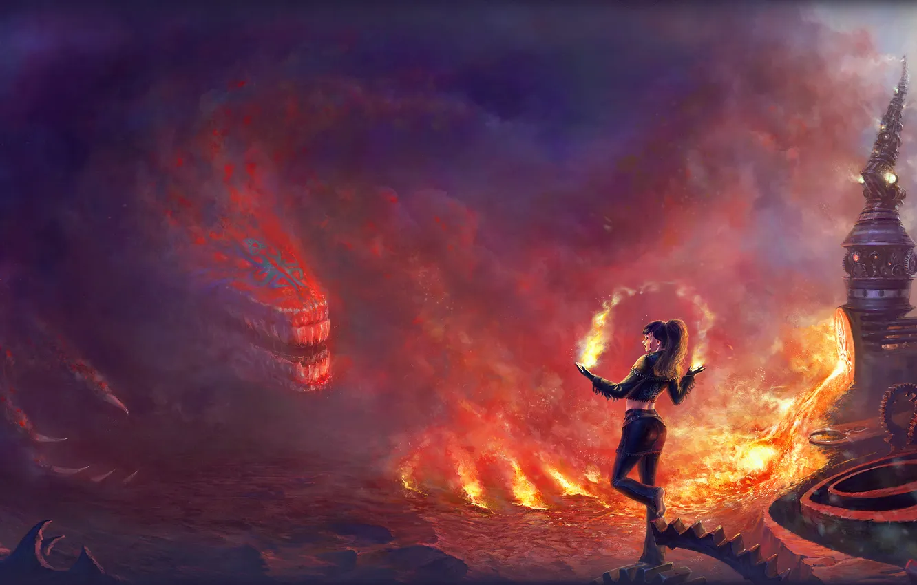 Фото обои огонь, дым, башня, Девушка, монстр, когти, шестерни, волшебница