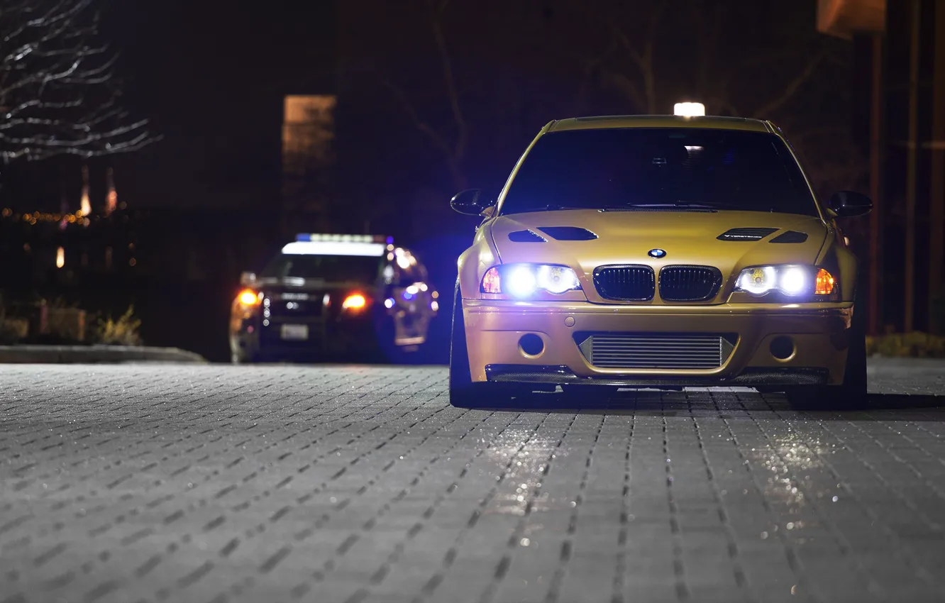 Фото обои Night, E46, M3, Police car, Yellow metallic