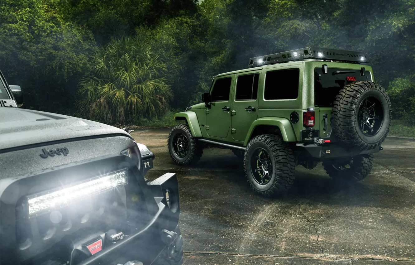 Фото обои Light, Jungle, Cars, Green, Black, Rain, Wrangler, Jeep